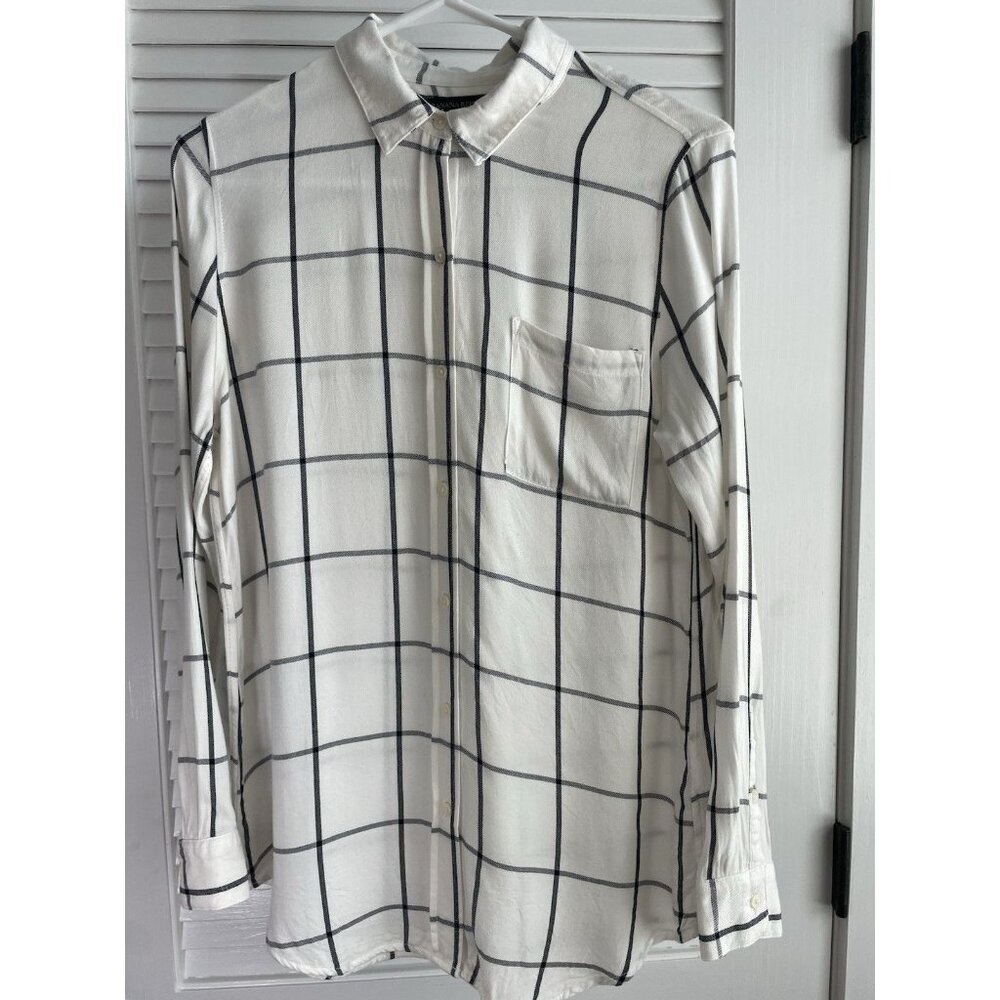 Banana Republic White W/Black Grid Long Sleeves Collard Boy Friend Womens Sz S